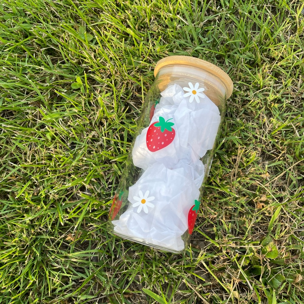 Strawberry and Flowers Glass Beer Cup | Glass Tumbler